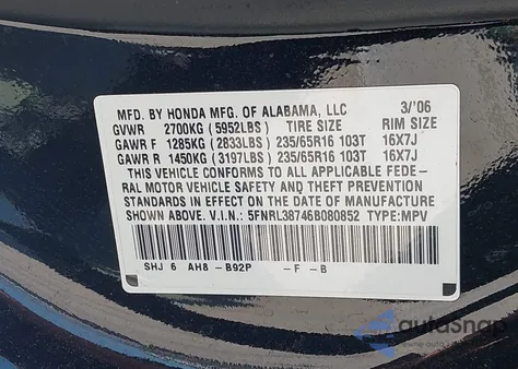 2006 Honda Odyssey Ex-L z USA, uszkodzony, nr VIN 5FNRL38746B080852